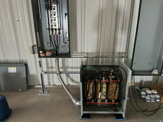 Commercial transformer and panel wiring during installation.