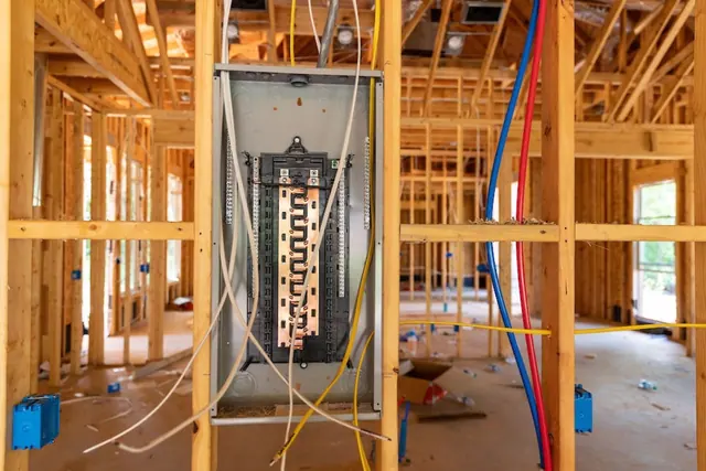 Electrical panel rough-in during home construction.